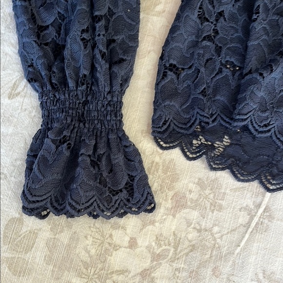 Free People are Lace Ruffled Blue Long Sleeve Blouse Scalloped Edge - Picture 6 of 16